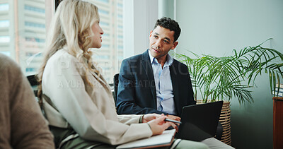 Buy stock photo Meeting, notebook or business people in discussion for teamwork, strategy or partnership. Laptop, smile or advisor in office talking for feedback review, documents or project briefing for planning 