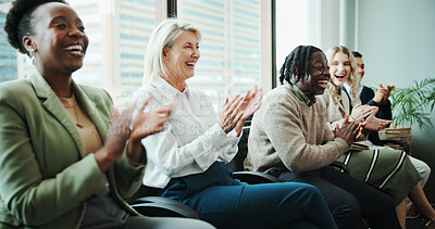Buy stock photo Clapping hands, audience and business people at presentation for corporate training with collaboration. Happy, cheering and team of financial investors with applause for investment meeting together.