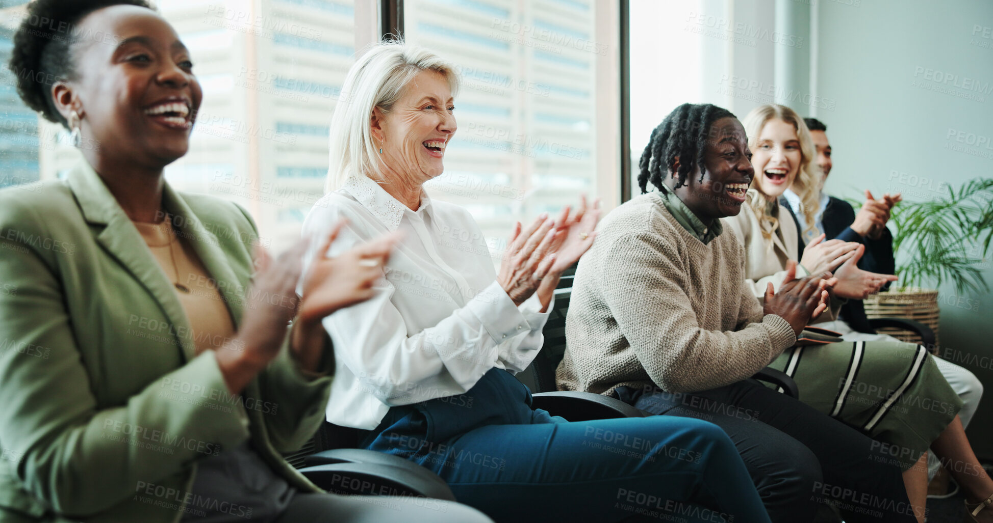 Buy stock photo Clapping hands, audience and business people at presentation for corporate training with collaboration. Happy, cheering and team of financial investors with applause for investment meeting together.