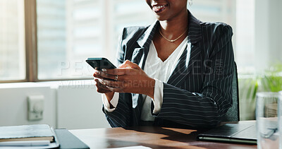 Buy stock photo Phone, hands and businesswoman in office for email, communication or networking with client. Cellphone, contact and female financial manager with online investment report for company budget plan.