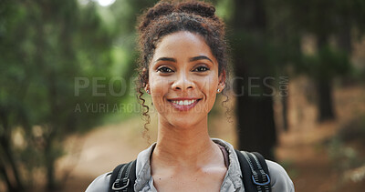 Buy stock photo Hiking, smile and portrait of woman in nature with backpack for exercise, workout and walking. Fitness, travel and happy person in forest, trail and woods for trekking, adventure and explore outdoor