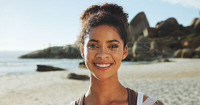 Buy stock photo Beach, happy woman and travel in portrait for holiday, peace and summer break with confidence. Ocean, female person and outdoor with smile for adventure, vacation and tourist for exploration by sea