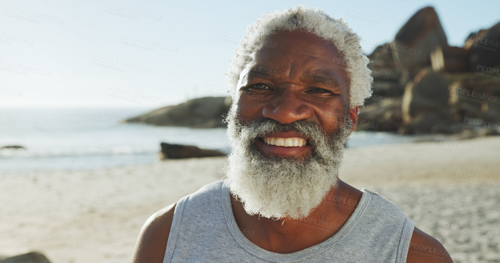 Buy stock photo Beach, senior black man and travel in portrait for holiday, peace and happiness with confidence. Ocean, male person and outdoor with smile for adventure, vacation and tourist for exploration in sea