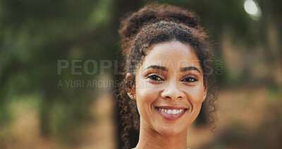 Buy stock photo Woman, portrait and smile with hiking in forest for travel adventure, vacation break and sightseeing nature. Space, person and trekking in woods for holiday exploration, wellness journey and getaway