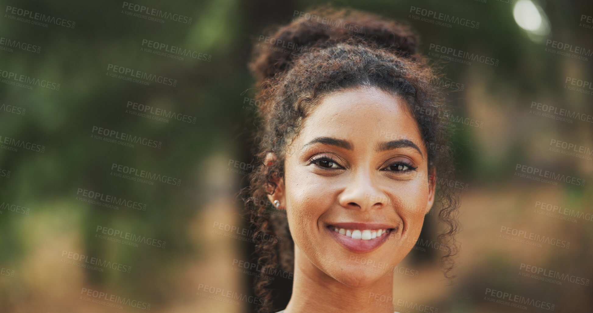 Buy stock photo Woman, portrait and smile with hiking in forest for travel adventure, vacation break and sightseeing nature. Space, person and trekking in woods for holiday exploration, wellness journey and getaway