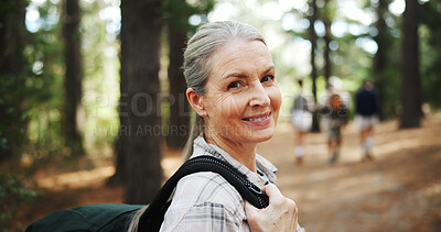 Buy stock photo Hiking, nature and portrait of mature woman with backpack for exercise, workout and walking for wellness. Fitness, travel and person in forest and woods for trekking, adventure and journey outdoor