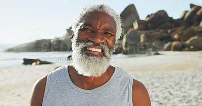 Buy stock photo Beach, senior black man and vacation in portrait for travel, peace and happiness with confidence. Ocean, male person and outdoor with smile for adventure, holiday and tourist for exploration in sea