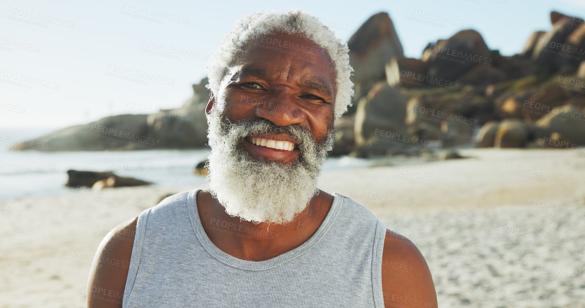 Buy stock photo Beach, senior black man and vacation in portrait for travel, peace and happiness with confidence. Ocean, male person and outdoor with smile for adventure, holiday and tourist for exploration in sea