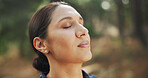 Outdoor, nature and woman with breathing for hiking, holiday and adventure for relaxing on weekend. Female person, hiker and face with peace for traveling, explore woods and fresh air for tourist