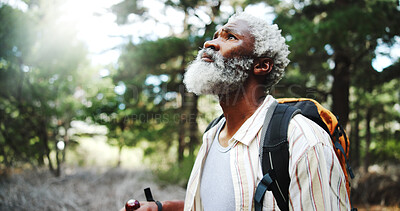 Buy stock photo Hiking, thinking and senior man with fitness, travel and thoughtful with reflection. African person, outdoor and hiker with weekend break, nature and countryside with wellness, healthy and explore