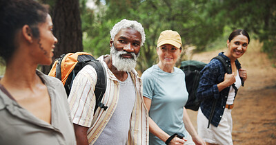 Buy stock photo Fitness, happy and people in nature for hiking, explore environment or journey on trail. Trekking group, woman guide and walking in forest for exercise, explain route or outdoor for wellness activity