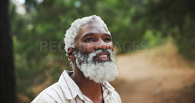 Buy stock photo Travel, thinking and senior man in forest, fitness and thoughtful with nature, explore and healthy. African person, outdoor and hiker with break, calm and countryside with wellness, woods or trekking