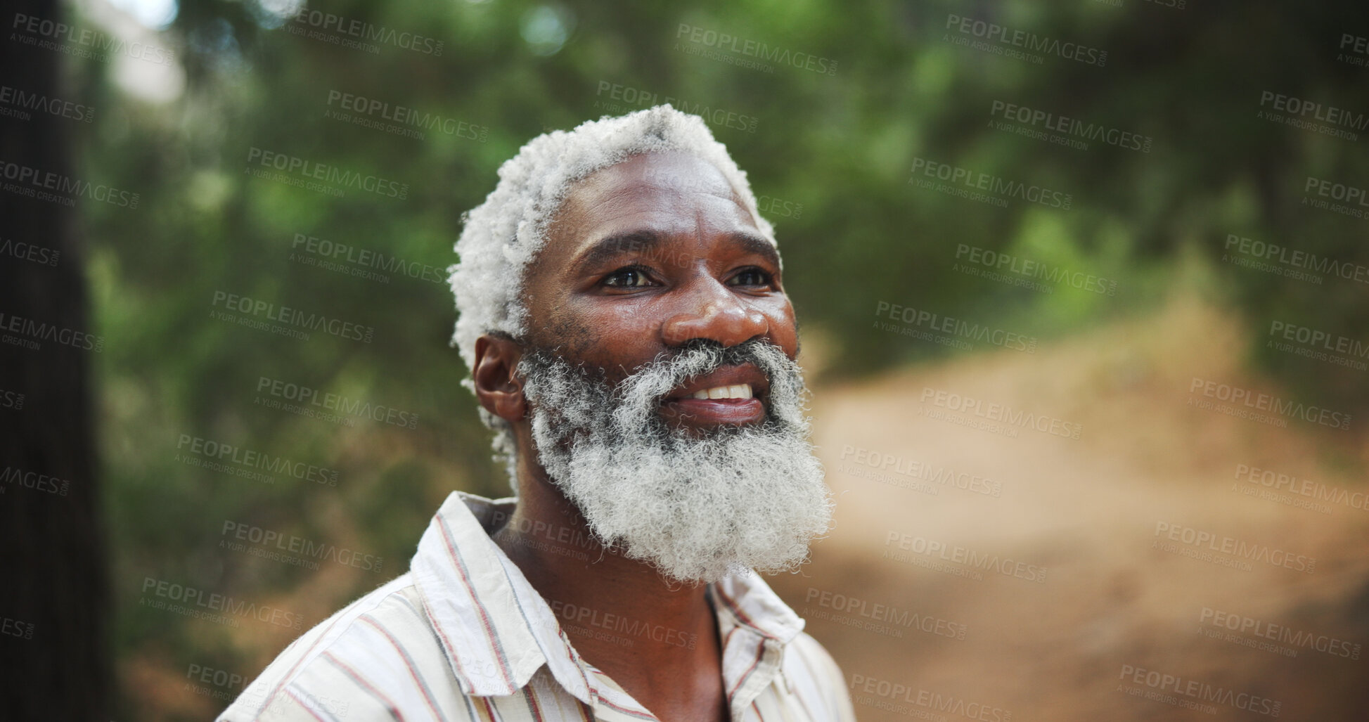 Buy stock photo Travel, thinking and senior man in forest, fitness and thoughtful with nature, explore and healthy. African person, outdoor and hiker with break, calm and countryside with wellness, woods or trekking
