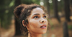 Hiking, thinking and woman in woods, wellness and thoughtful with reflection. Person, outdoor and hiker with break, nature and countryside with healthy, daydreaming and explore with journey and calm