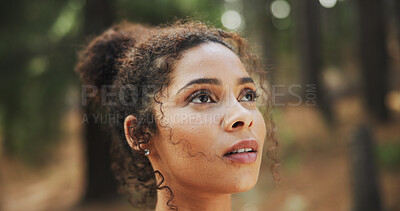 Buy stock photo Hiking, thinking and woman in woods, wellness and thoughtful with reflection. Person, outdoor and hiker with break, nature and countryside with healthy, daydreaming and explore with journey and calm