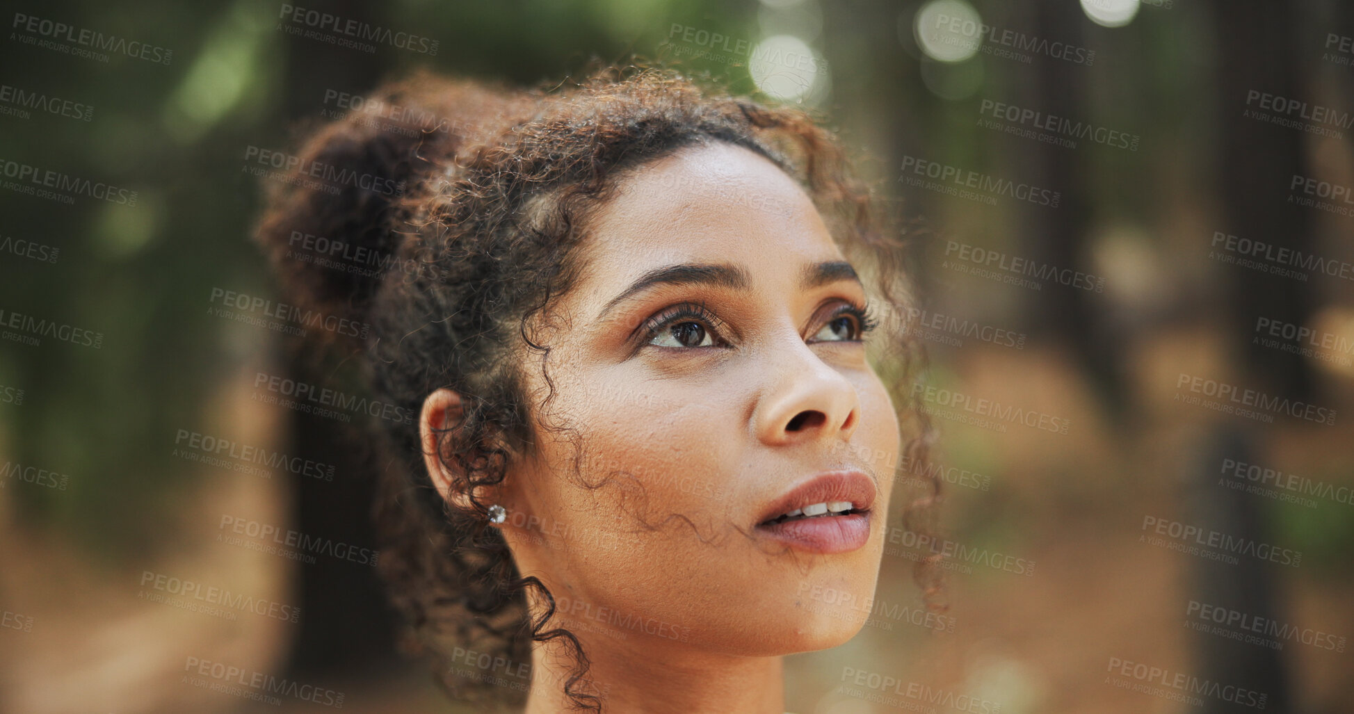 Buy stock photo Hiking, thinking and woman in woods, wellness and thoughtful with reflection. Person, outdoor and hiker with break, nature and countryside with healthy, daydreaming and explore with journey and calm