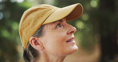 Buy stock photo Hiking, thinking and senior woman with fitness, forest and thoughtful with reflection. Healthy person, outdoor or hiker with weekend break, environment or countryside with wellness, travel or journey