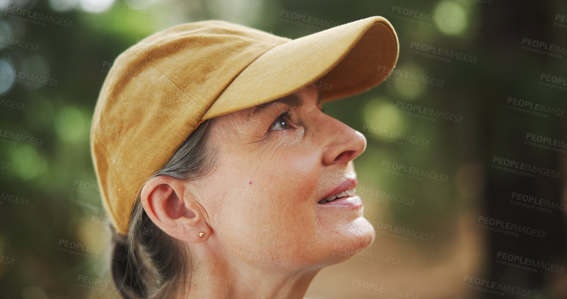 Buy stock photo Hiking, thinking and senior woman with fitness, forest and thoughtful with reflection. Healthy person, outdoor or hiker with weekend break, environment or countryside with wellness, travel or journey