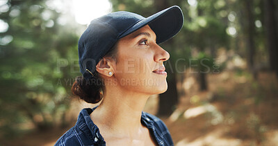 Buy stock photo Hiking, thinking and woman in forest, travel and thoughtful with reflection, explore and fitness. Healthy person, outdoor and hiker with weekend break, nature and countryside with wellness or journey
