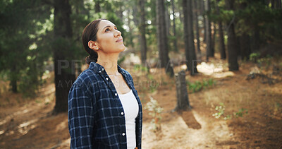 Buy stock photo Hiking, thinking and woman in woods, fitness and thoughtful with reflection, break and nature. Healthy person, outdoor and hiker with journey, explore and countryside with wellness, sunshine and calm