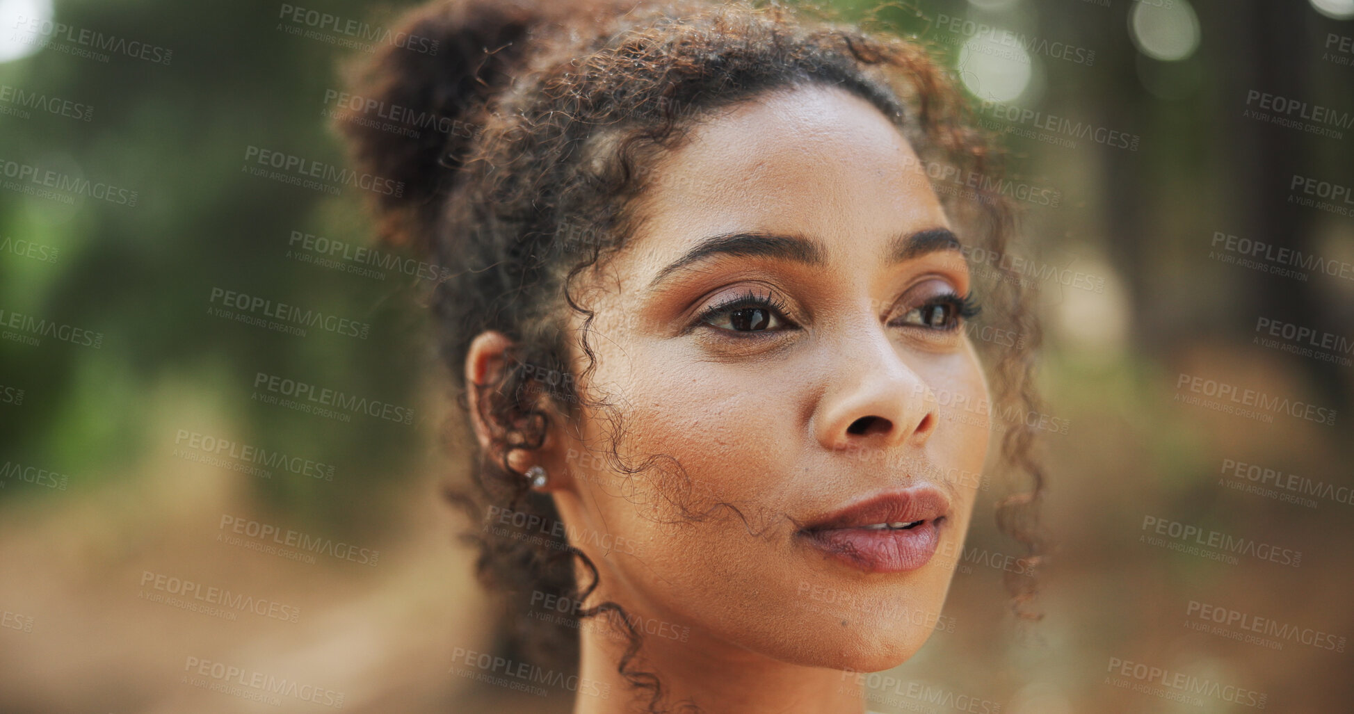 Buy stock photo Hiking, thinking and woman with face, travel and thoughtful with reflection, explore or wellness. Person, outdoor or hiker with weekend break, nature or countryside with health, wonder or mindfulness