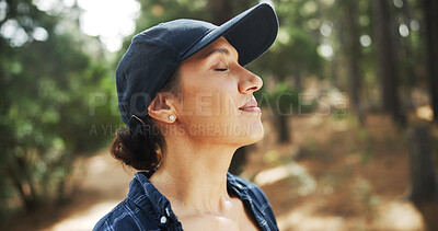 Buy stock photo Outdoor, holiday and woman with breathing for hiking, nature and adventure for relaxing on weekend. Female person, hiker and wellness with peace for traveling, explore woods and fresh air for tourist