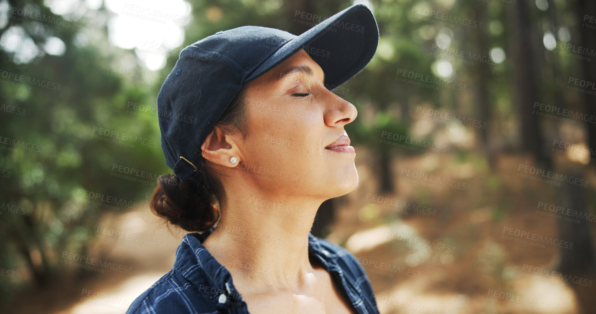 Buy stock photo Outdoor, holiday and woman with breathing for hiking, nature and adventure for relaxing on weekend. Female person, hiker and wellness with peace for traveling, explore woods and fresh air for tourist