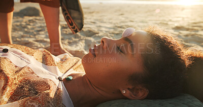 Buy stock photo Woman, crystal and stone at beach with chakra balance, energy and therapy with rest on vacation. Person, rocks and holistic care with mineral, mindfulness and peace with zen on ground in summer
