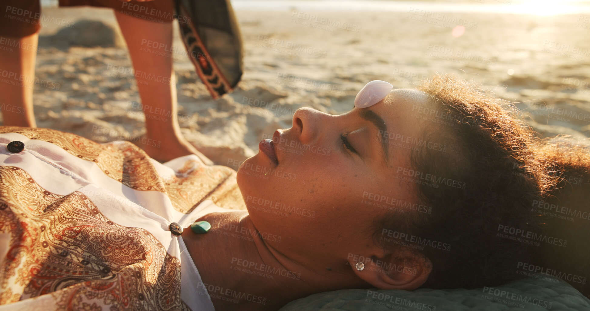 Buy stock photo Woman, crystal and stone at beach with chakra balance, energy and therapy with rest on vacation. Person, rocks and holistic care with mineral, mindfulness and peace with zen on ground in summer