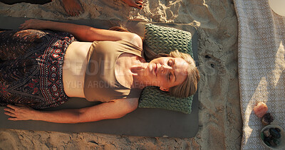 Buy stock photo Woman, crystal and therapy at beach with healing for chakra balance, holistic care and above on vacation. Person, stone and breathe with mineral, mindfulness and peace with zen on ground in summer