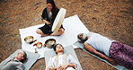 Meditation, sound therapy and woman with bowls in nature for mindfulness, spiritual cleanse and energy. Outdoor, ritual and above of person with vibration for group for healing, balance and wellness