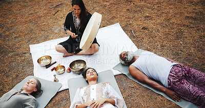 Buy stock photo Meditation, sound therapy and woman with bowls in nature for mindfulness, spiritual cleanse and energy. Outdoor, ritual and above of person with vibration for group for healing, balance and wellness