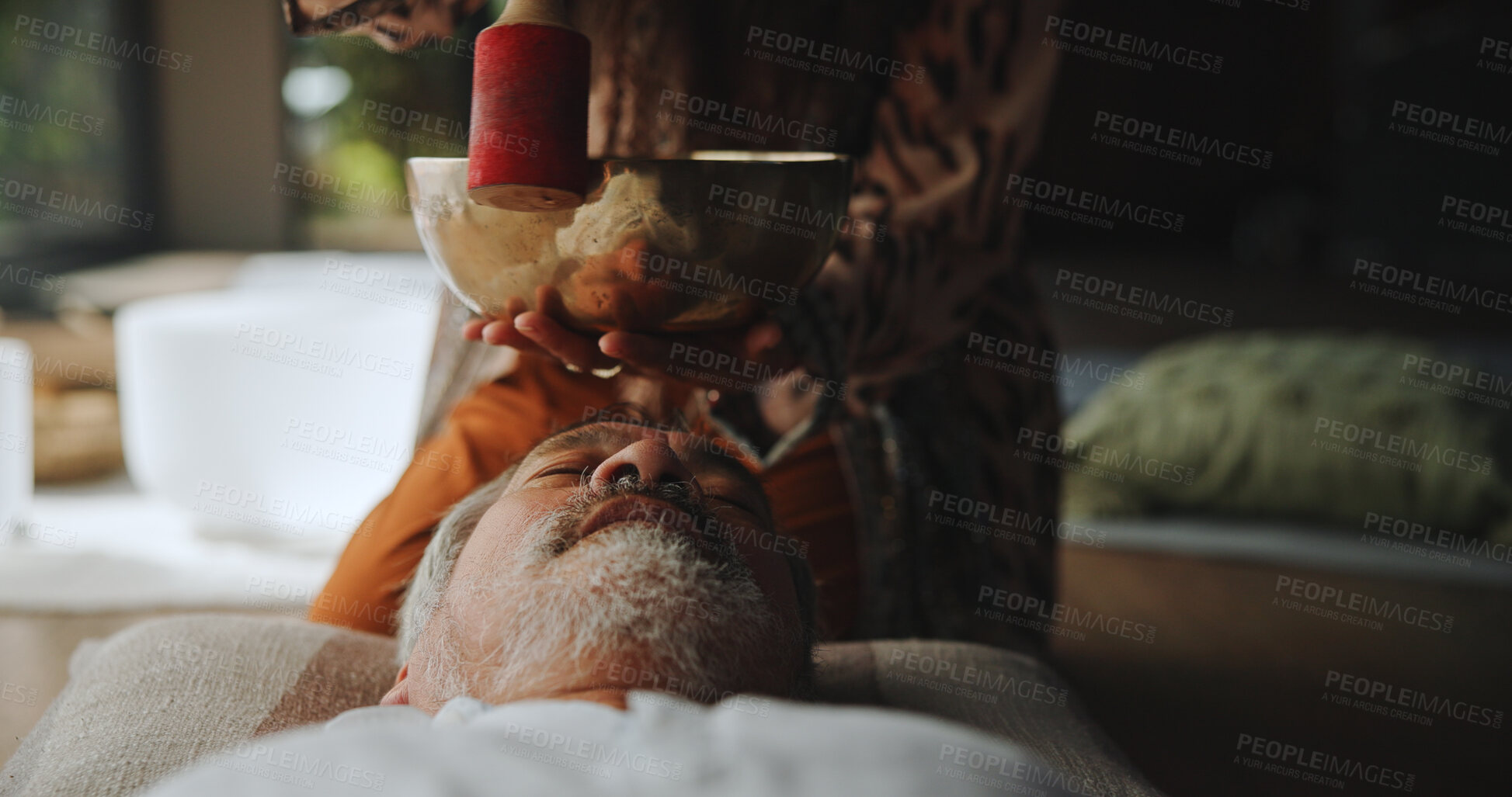 Buy stock photo Spiritual, vibration and man with healer, hands or mantra for inner peace, healing or chant for chakra. Meditation, shaman or sound therapy with Tibetan singing bowl, awakening or holistic for person