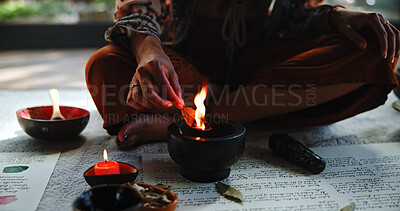Buy stock photo Herbs, candle and holistic with hands of woman for spiritual retreat, self care ritual and healing. Aromatherapy, mindfulness and smudge ceremony with closeup of person and leaf for aura cleanse