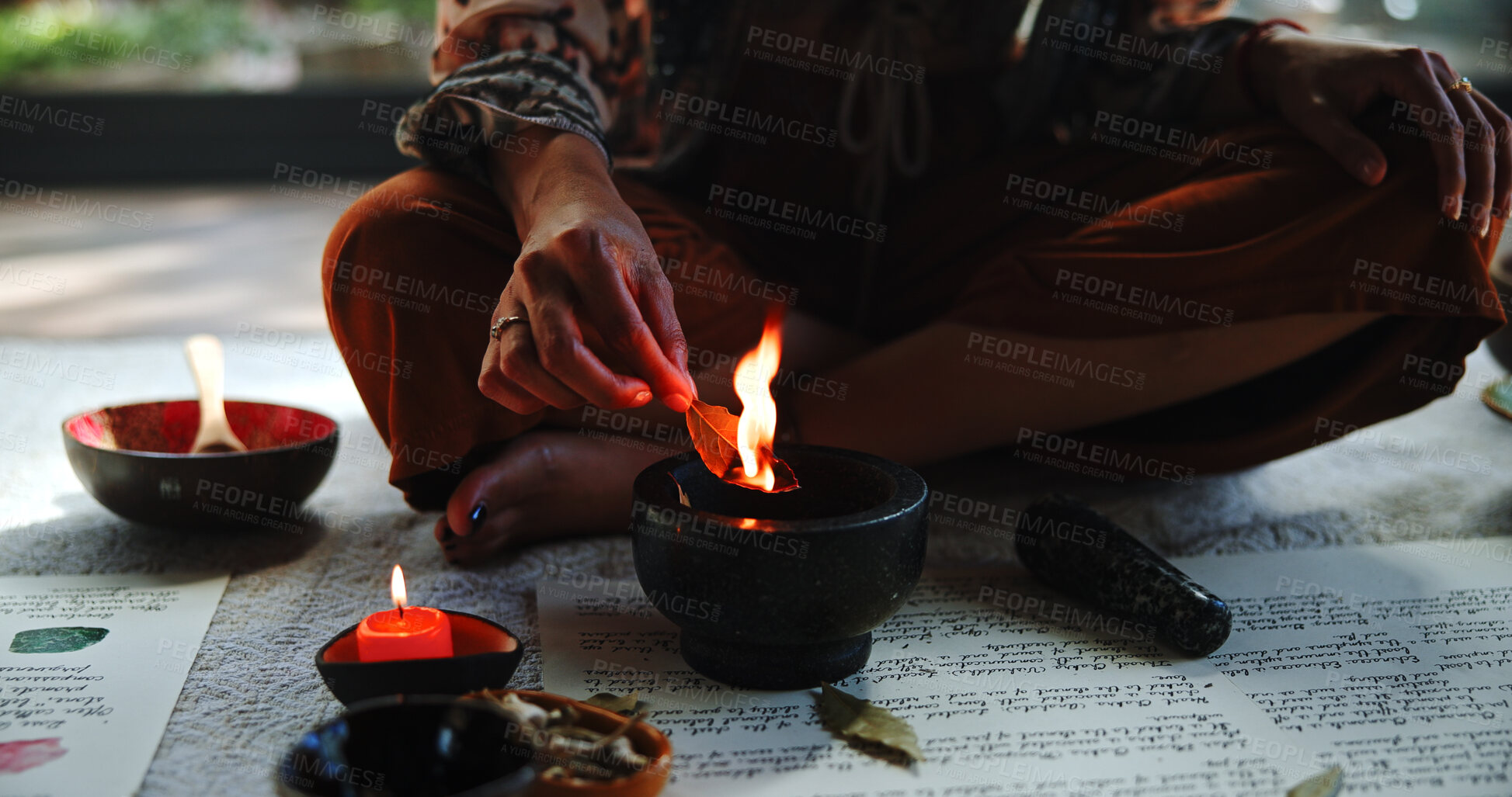 Buy stock photo Herbs, candle and holistic with hands of woman for spiritual retreat, self care ritual and healing. Aromatherapy, mindfulness and smudge ceremony with closeup of person and leaf for aura cleanse