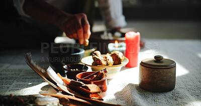 Buy stock photo Crystal, healing and hands of person on floor for spiritual meditation, holistic treatment and natural medicine. Aromatherapy, closeup and healer with stones for peace, chakra and detox for wellness