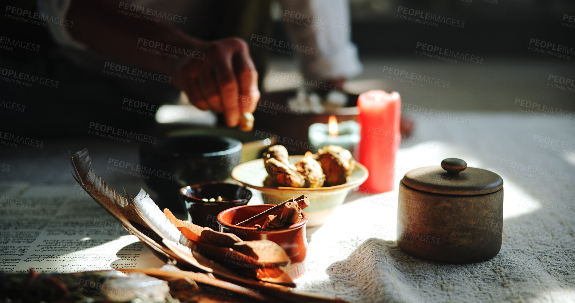 Buy stock photo Crystal, healing and hands of person on floor for spiritual meditation, holistic treatment and natural medicine. Aromatherapy, closeup and healer with stones for peace, chakra and detox for wellness
