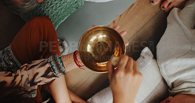 Buy stock photo Hands, person and bowl for Tibetan singing for healing, sound ritual and vibration therapy. Above, healer and people with instrument for soul music, meditation and spiritual mantra for Buddha culture