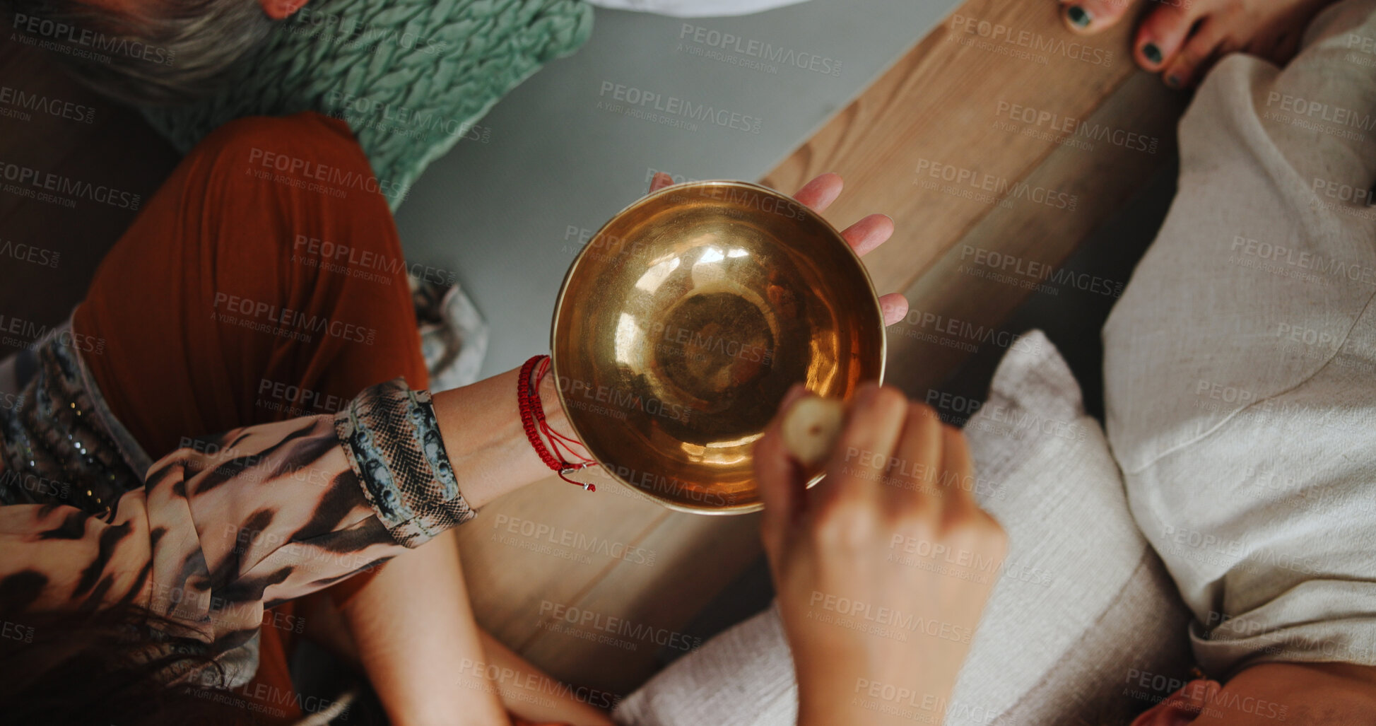 Buy stock photo Hands, person and bowl for Tibetan singing for healing, sound ritual and vibration therapy. Above, healer and people with instrument for soul music, meditation and spiritual mantra for Buddha culture