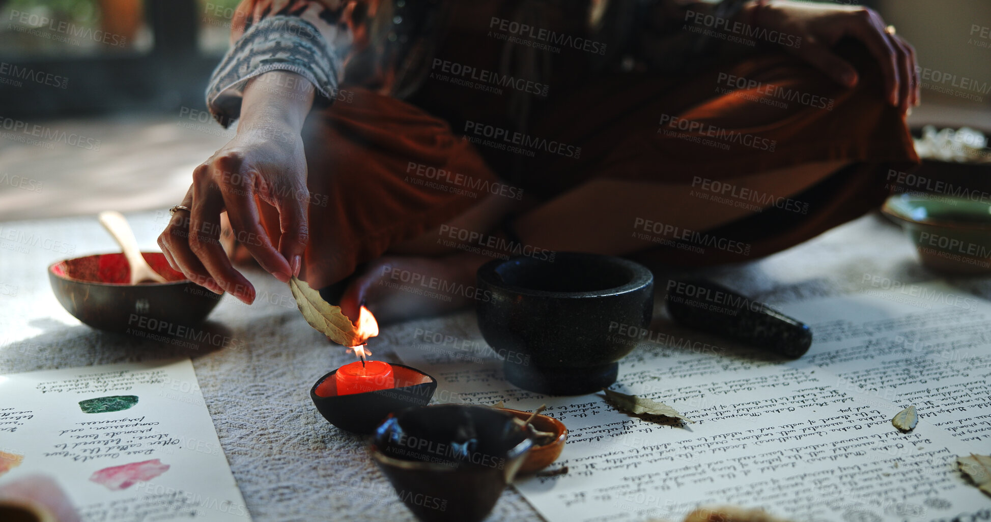 Buy stock photo Healing, candle and holistic with hands of woman for spiritual retreat, self care ritual and burning herbs. Aromatherapy, mindfulness and smudge ceremony with closeup of person for aura cleanse