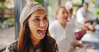 Buy stock photo Breathing, meditation and tongue out with woman in yoga class for pranayama or stress relief. Fitness, lions breath and wellness with yogi people in studio for balance, inner peace or mental health
