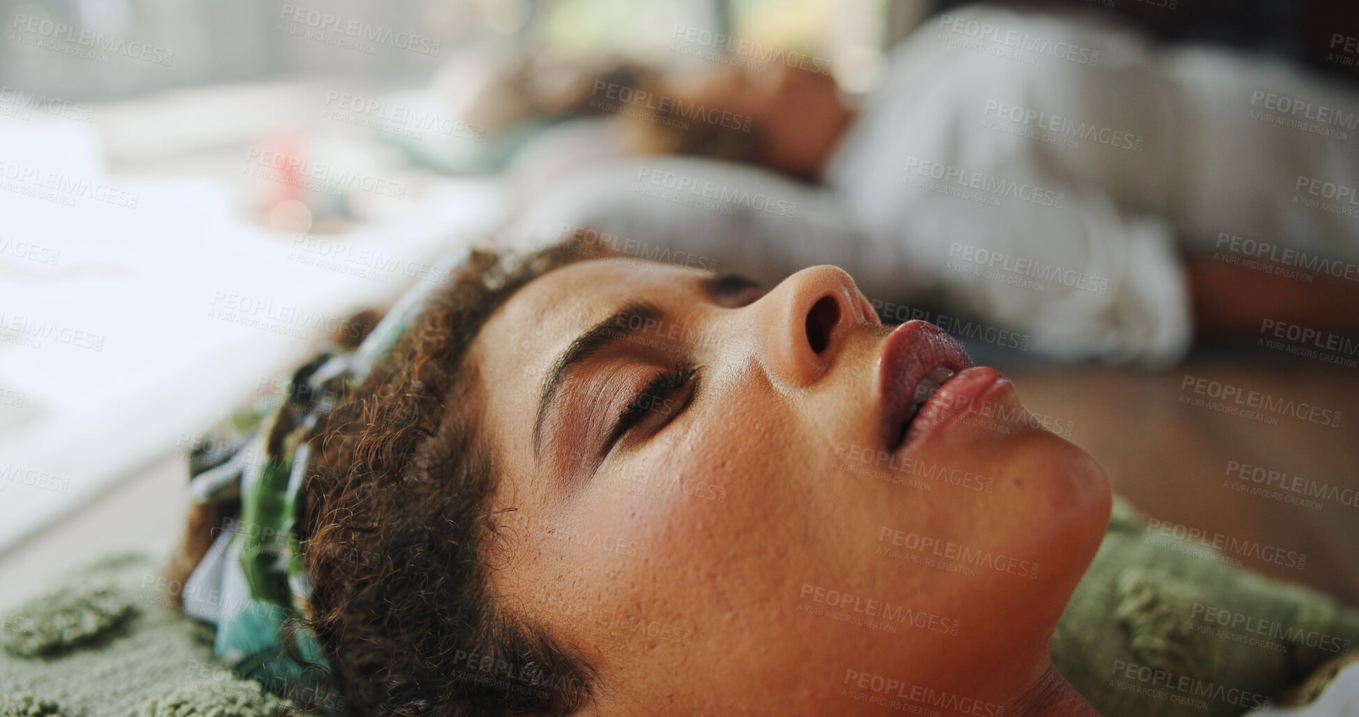 Buy stock photo Relax, calm and woman at guided meditation class for mindfulness, peace and balance practice. Zen, yoga nidra and female person at somatic healing session for wellness, health or trauma release.