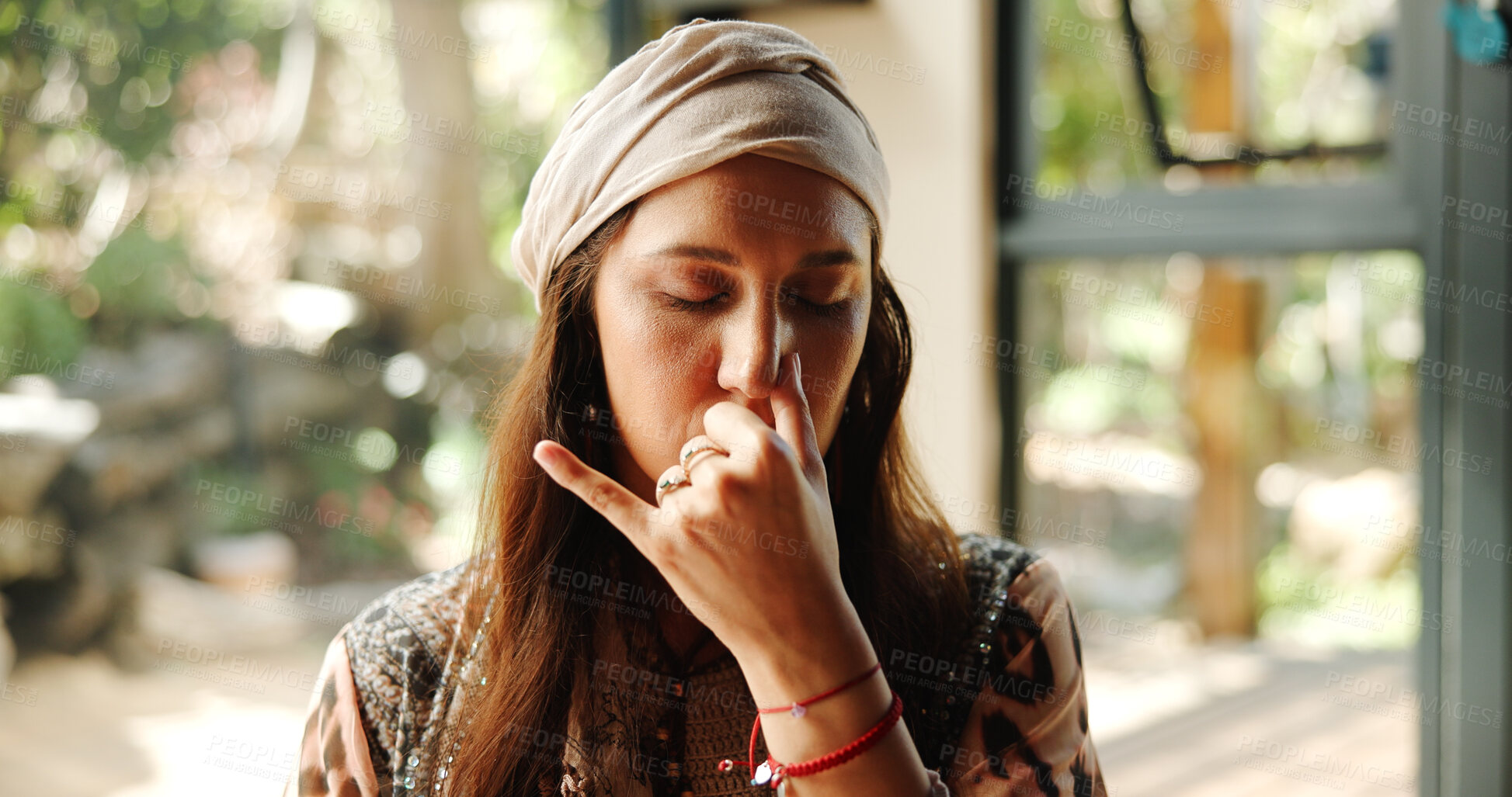 Buy stock photo Alternate, nose and woman with breathing meditation for calm mindset, relax and inner peace with zen. Nostril, exhale and person in class for mindfulness, mental wellness and holistic self care