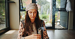 Sacred, woman and sage with smoke, prayer and burning herb for purification and indigenous tradition. Chakra, spiritual and person with Salvia apiana for ritual, morning and smudging for inner peace