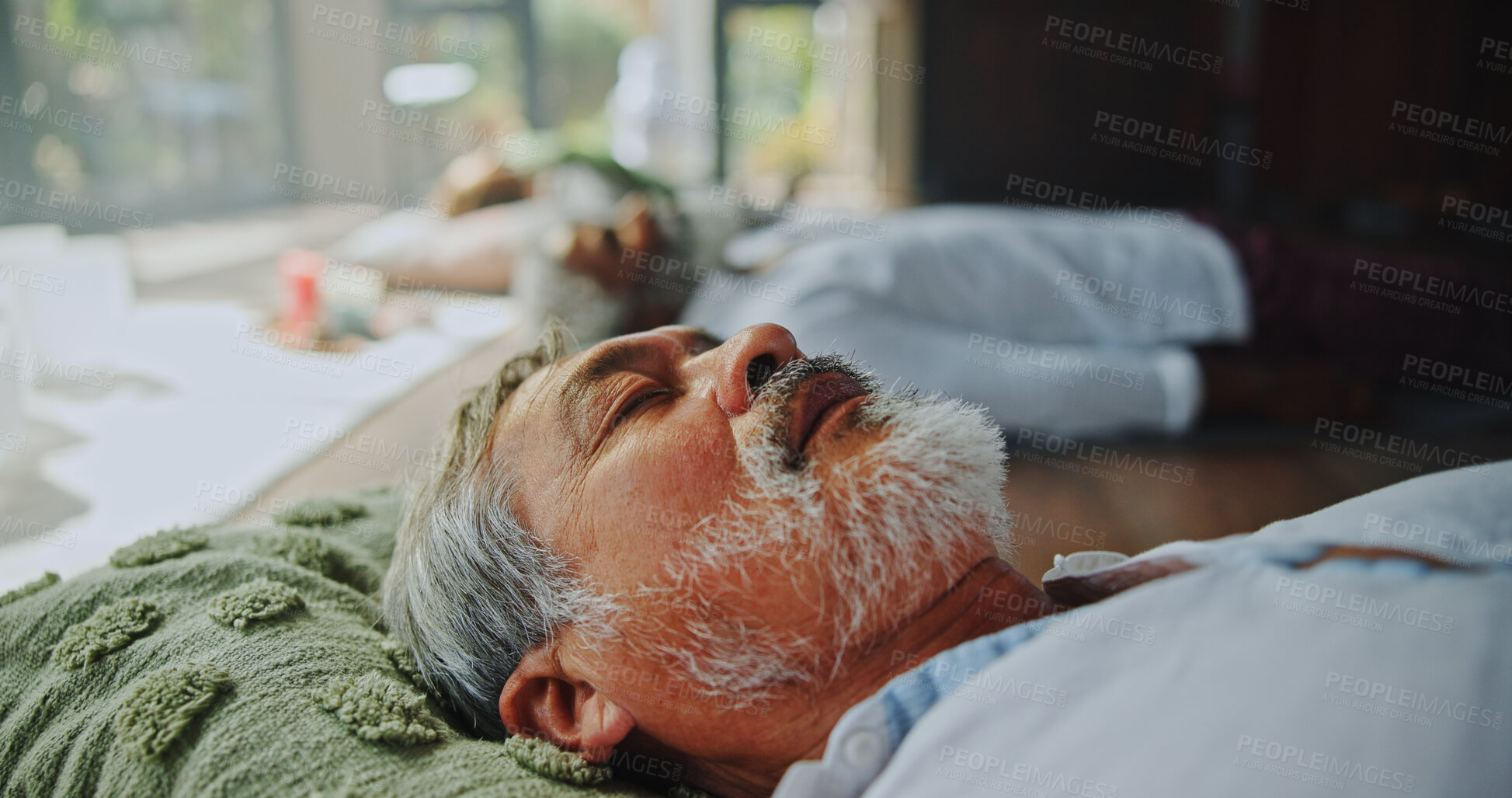 Buy stock photo Zen, calm and man at guided meditation class for mindfulness, peace and balance practice. Relax, yoga nidra and mature person at somatic healing session for wellness, mental health or trauma release.