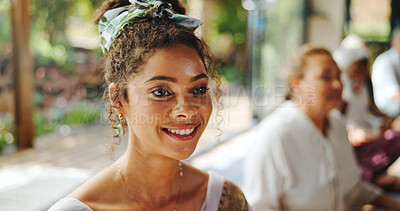 Buy stock photo Smile, face and woman in meditation class for calm mindset, peace and group breathing exercise. Relax, happy and people in zen retreat together for mindfulness, mental wellness or holistic self care