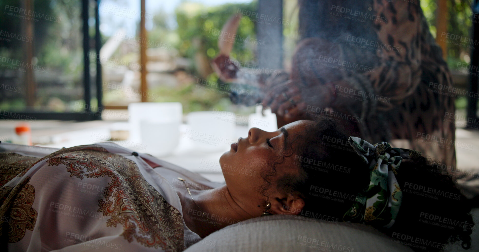 Buy stock photo Sage, smoke and woman with healer, hands and meditation for self awareness, spiritual and mindfulness. Inner peace, chakra and healing ceremony for soul, holistic or awakening of person with shaman