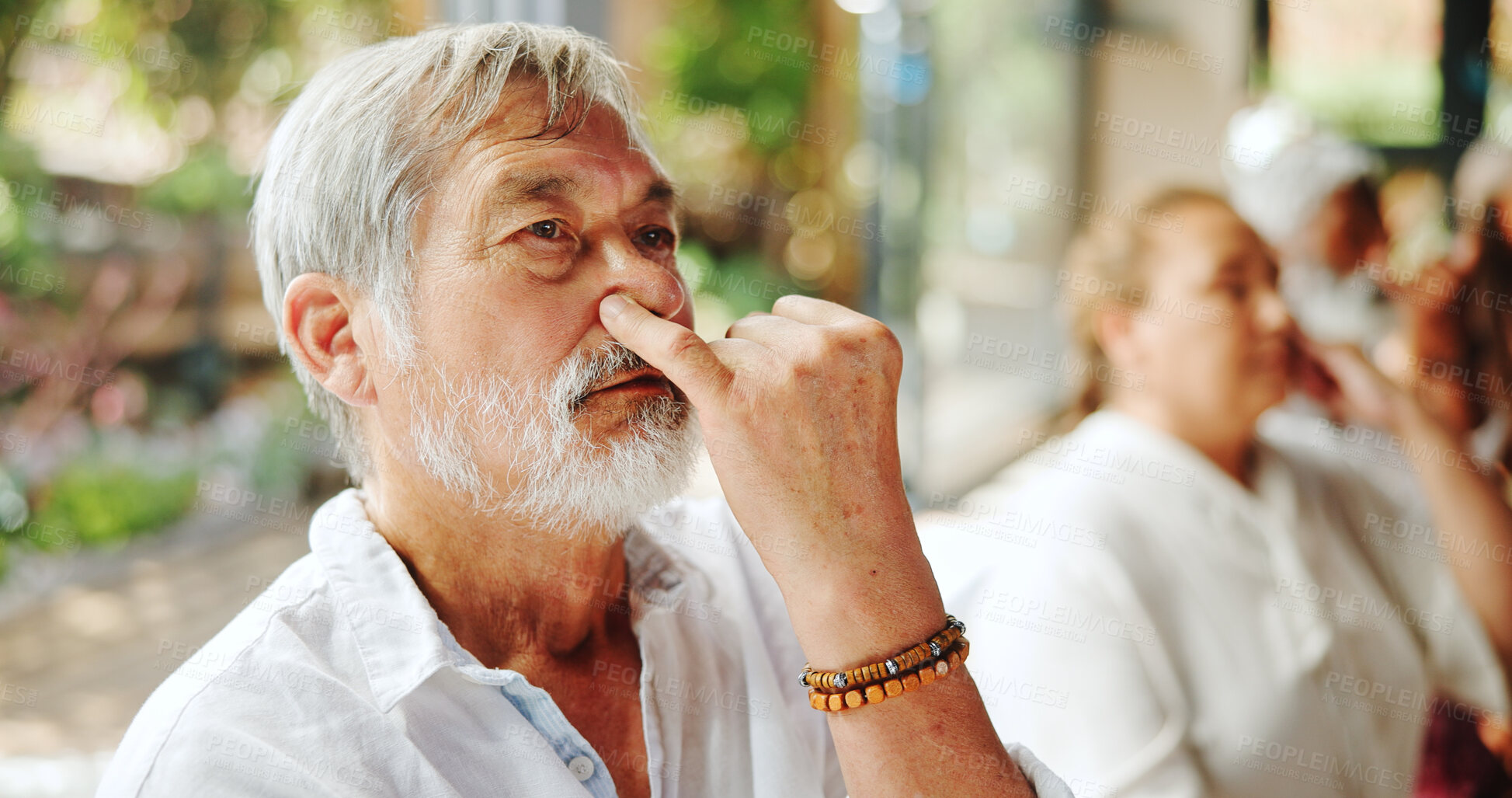 Buy stock photo Alternate, nose and man with breathing meditation for calm mindset, zen and inner peace with group. Nostril, exhale and mature person in class for mindfulness, mental wellness and holistic self care