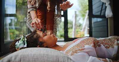 Buy stock photo Spiritual, floor and woman with shaman, hands and ritual for self awareness, meditation and calm. Inner peace, chakra and zen with ceremony for soul, holistic and awakening of person with mantra