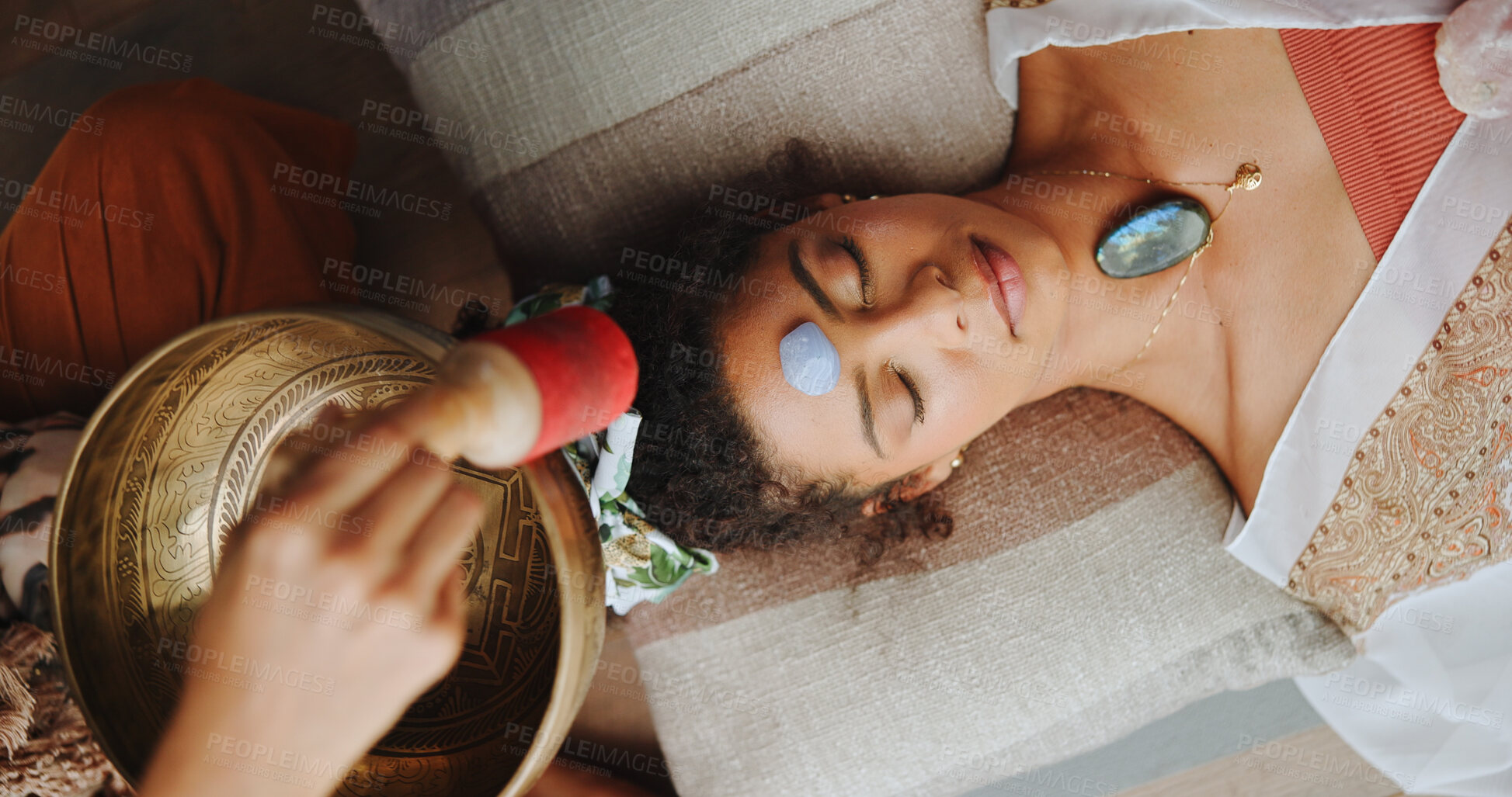 Buy stock photo Healing, ritual and woman with healer, hands and meditation for self awareness, spiritual and calm. Inner peace, chakra and zen with ceremony for soul, holistic and awakening of person with mantra